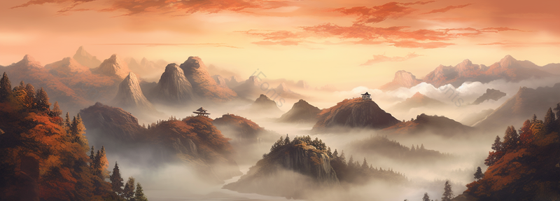 中国复古彩色水墨风景国画云雾中的山峰,插画/手绘图,插画/手绘图库,插画/手绘图下载,插画/手绘